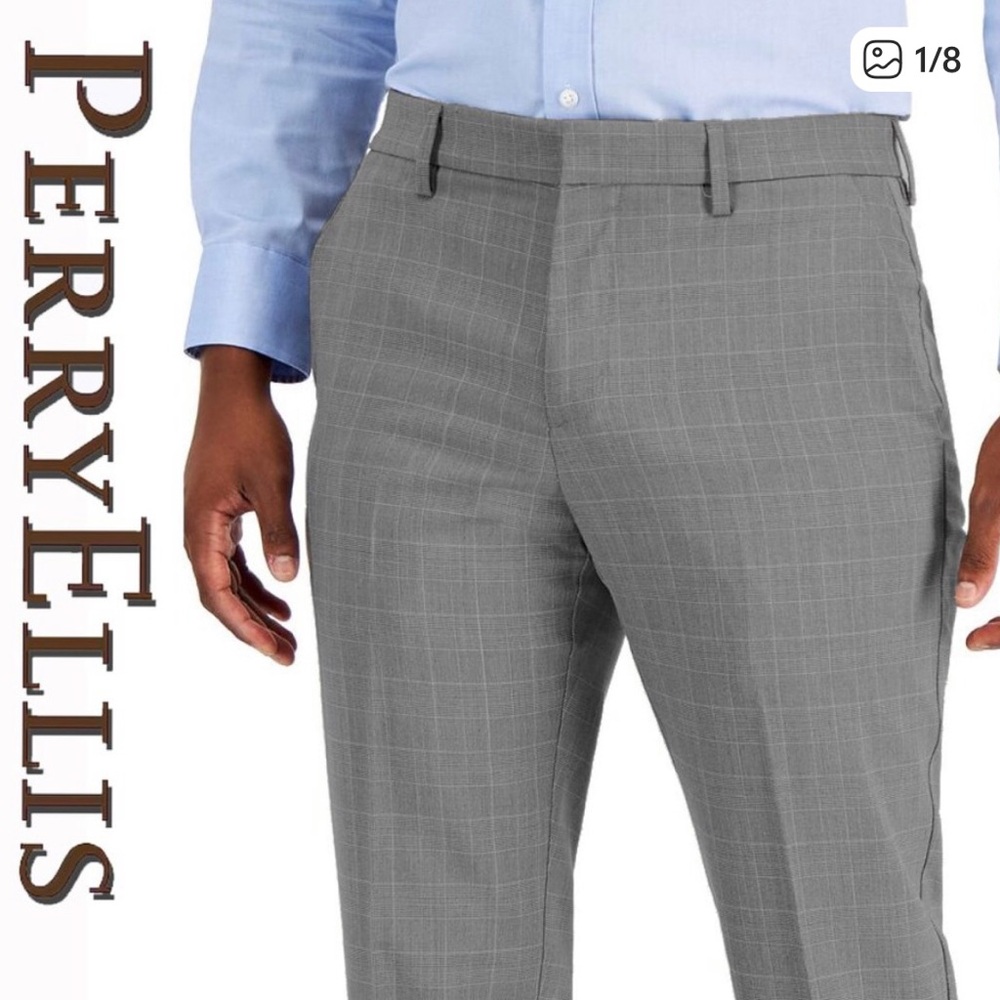 Perry Ellis Slim Fit Stretch Light Gray Windowpane Dress Pants W30” x L32”